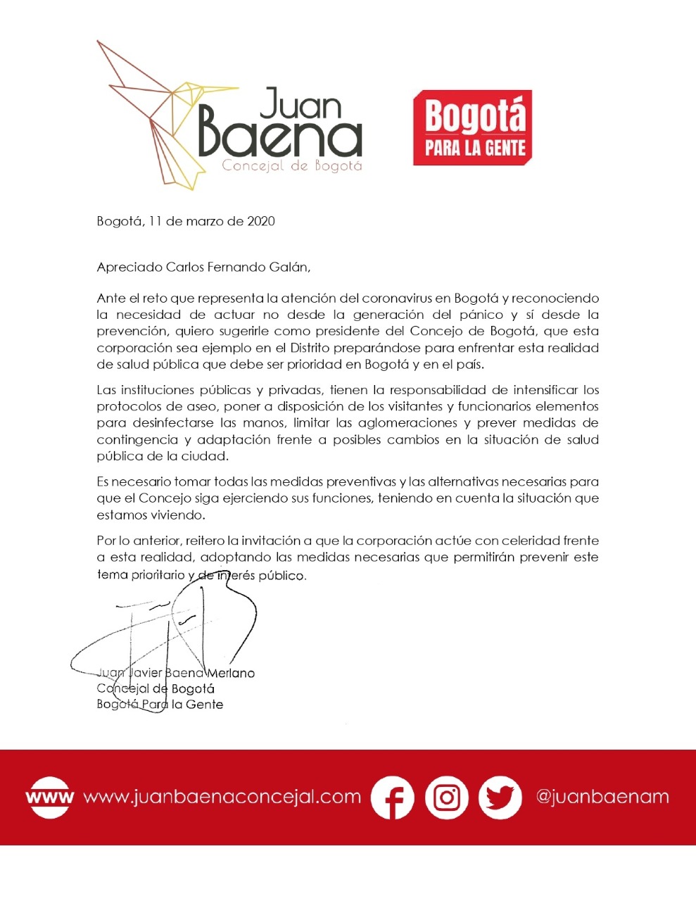 Carta de Juan Baena para Carlos Galán