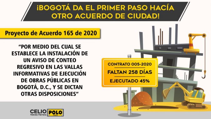<p>El Concejo de Bogotá aprueba, en primer debate, el proyecto para que las obras del Distrito tengan un aviso de conteo regresivo hasta su finalización</p>
