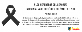 Primer aviso a los herederos del señor NELSON ÁLVARO GUTIÉRREZ BOLÍVAR (Q.E.P.D)