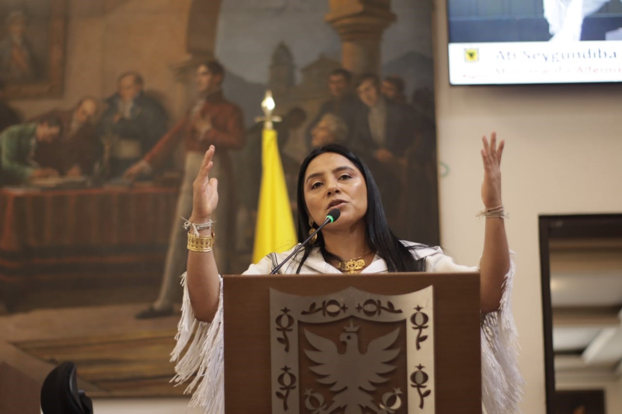 fotografía en la que aparece la concejal Ati hablando desde el atril del Recinto los Comuneros del Concejo de Bogota