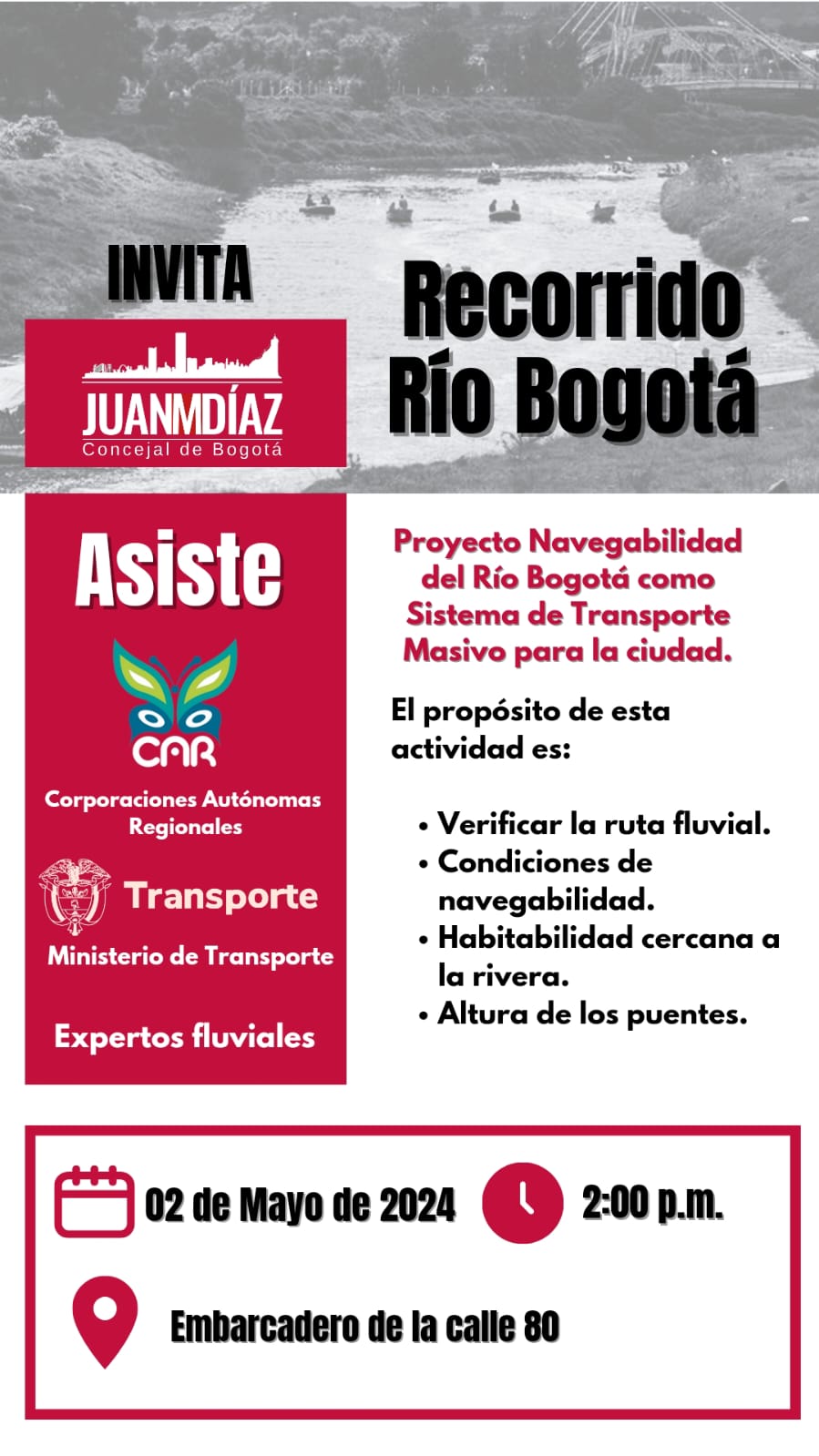 Flayer de invitación al recorrido por el Rio Bogotá el día 2 de mayo de 2024