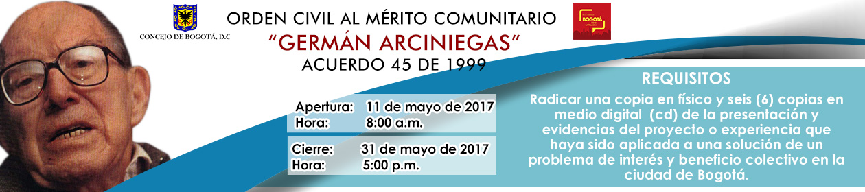Imagen informativa de la ORDEN CIVIL AL MÉRITO COMUNITARIO “GERMÁN ARCINIEGAS”. Enlace para mas información