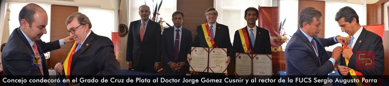 <p>Concejo condecoró en el Grado de Cruz y Plata al Doctor Jorge Gómez Cusnir y al Rector de la FUCS Sergio Augusto Parra</p>