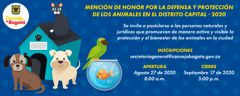 <p>Mención de Honor por la Defensa y Protección de los Animales en el Distrito Capital - 2020</p>