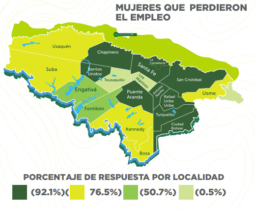 Mapa de Bogotá en el que se muestran con colores el porcentaje de respuestas por localidad.
