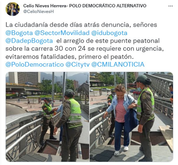 Imagen de publicación de twitter de Celio Nieves en la que se muestra a una usuaria cruzando un puente en la que falta parte del piso