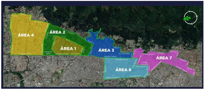 mapa satelital de Bogotá en la que se aprecia la demarcación de las áreas 1 al 8