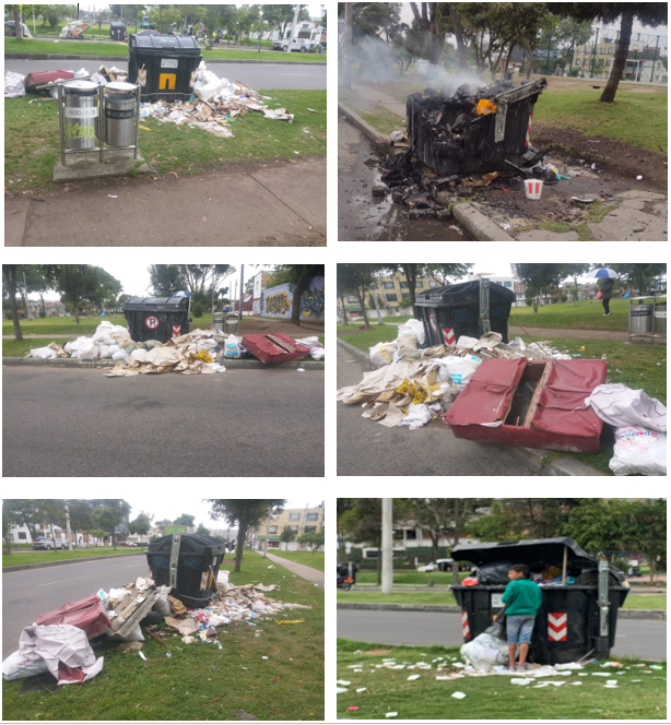 imagen con 6 fotos en las que se aprecian afectaciones a contenedores de basura