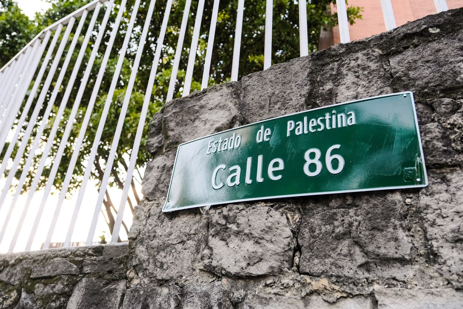 Fotografía en la que aparece una placa de direcciones que dice"Estado de Palestina Calle 86"