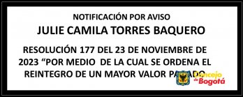 Notificación por aviso Julie Camila Torres Baquero