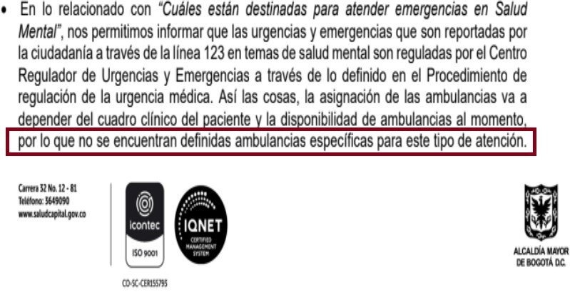 documento oficial que tiene encerrado en un cuadro el siguiente texto "por lo que no se encuentran definidas ambulancias especificas para este tipo de atención