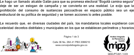 Fragmento de carta enviada al alcalde Carlos Fernando Galán.