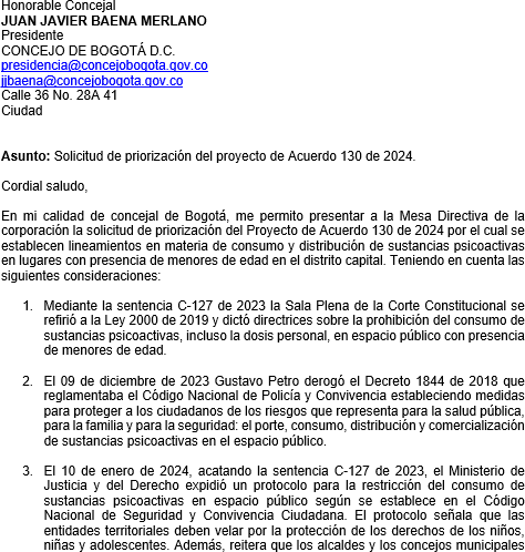 Pantallazo de carta enviada a la mesa directiva del Concejo de Bogotá.