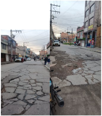 Dos fotografías donde se aprecia el mal estado de las viasen la Carrera 80i entre calles 45 sur y AV. Villavicencio de la UPZ Gran Britalia.