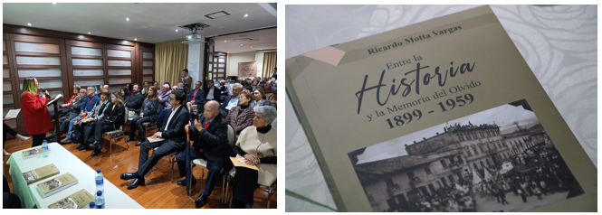 Dos fotografías en las que aparecen la portada del libro y en otra la concejal Bernal diciendo unas palabras en el evento