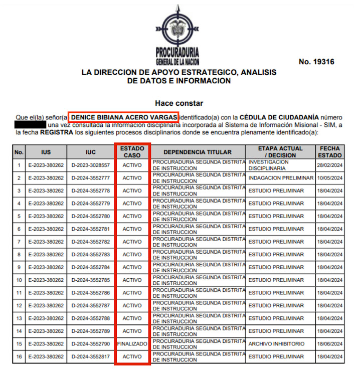 Reporte del sistema de la procuraduría en el que aparece el consolidado para Denice