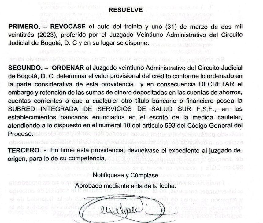 Fragmento del auto del Tribunal Administrativo de Cundinamarca.