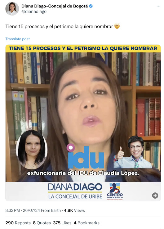 en esta fotografía la concejal Diago y en la parte inferior unas imagens pequeñas en las que aparecen Claudia López y la funcionaria mencionada en este escrito 