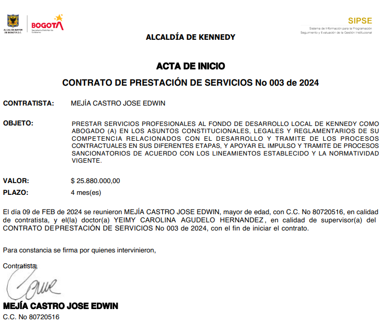 Imagen del Acta de inicio del contrato de prestación de servicios # 003 de 2024 