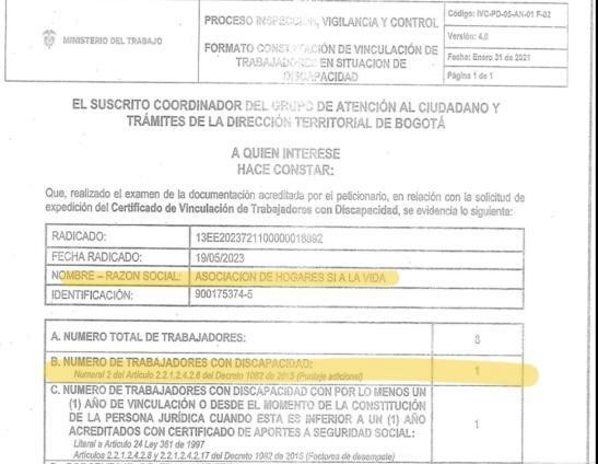 Imagen del Certificado del Ministerio de Trabajo.