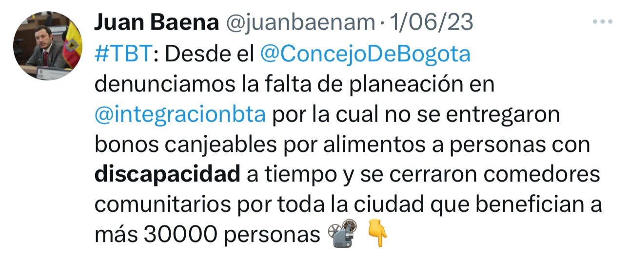 imagen de una publicación de twitter del cocnejal baena