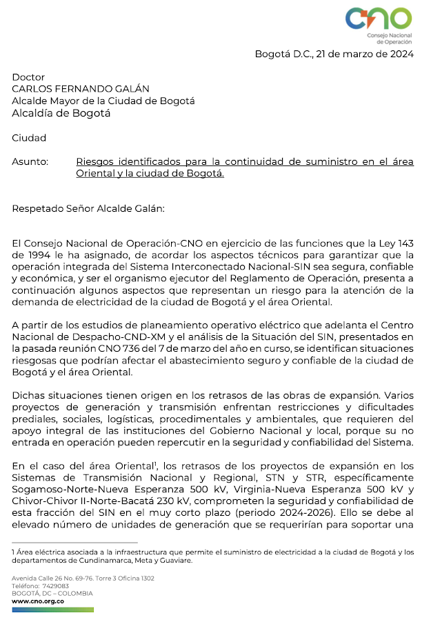 Encabezado de la carta enviada a Carlos Ferando Galán