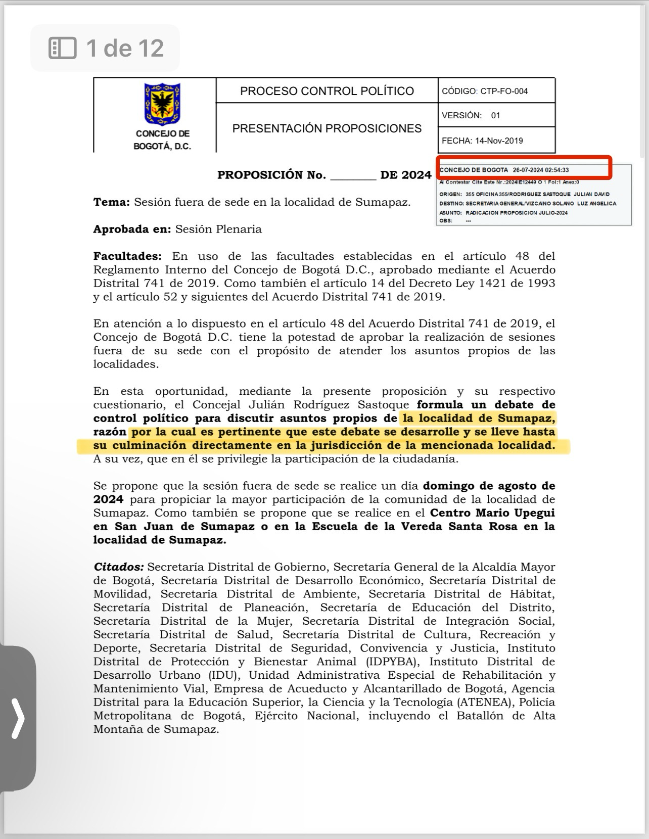 hoja de 1 de 12 de la proposición presentada por el concejal Sastoque