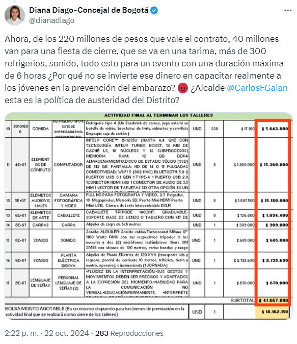 Imagen de cuarto trino de la concejal Diago acompañado de una tabla de datos titulada "Actividad final al terminar los talleres