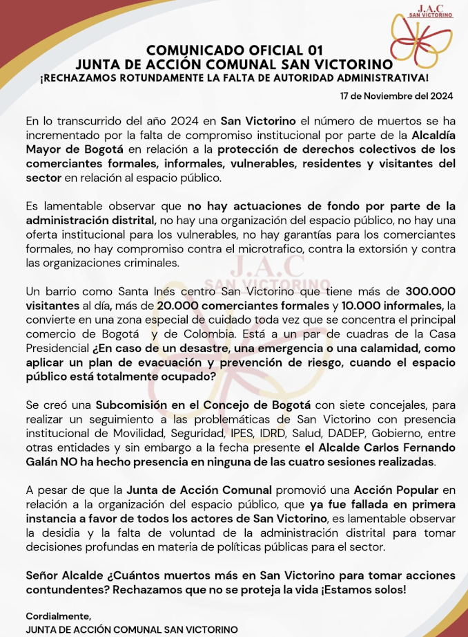 Comunicado 01 de la junta oficial de San Victorino