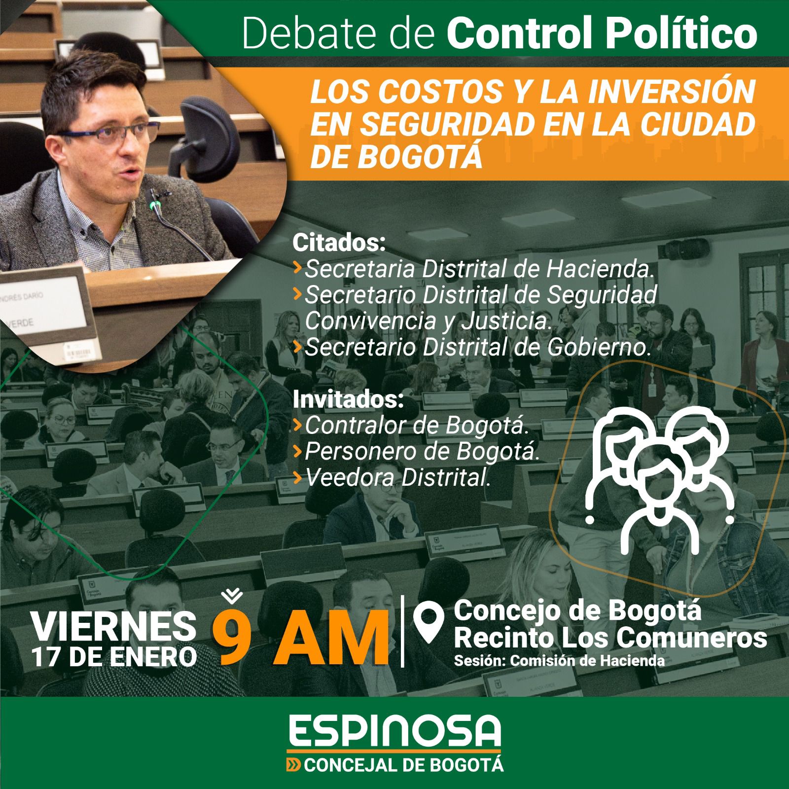 Flayer publicitario invitando a asistir al debate el día 17 de enero de 2025