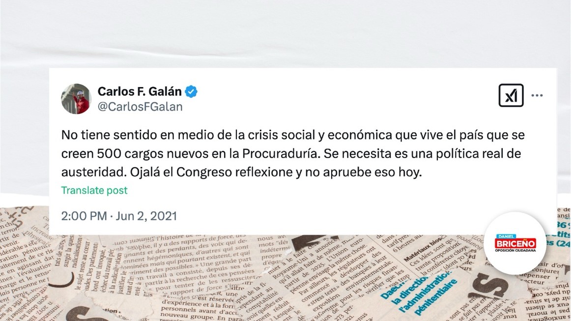 Imagen de trino del concejal Carlos Fernando Galán