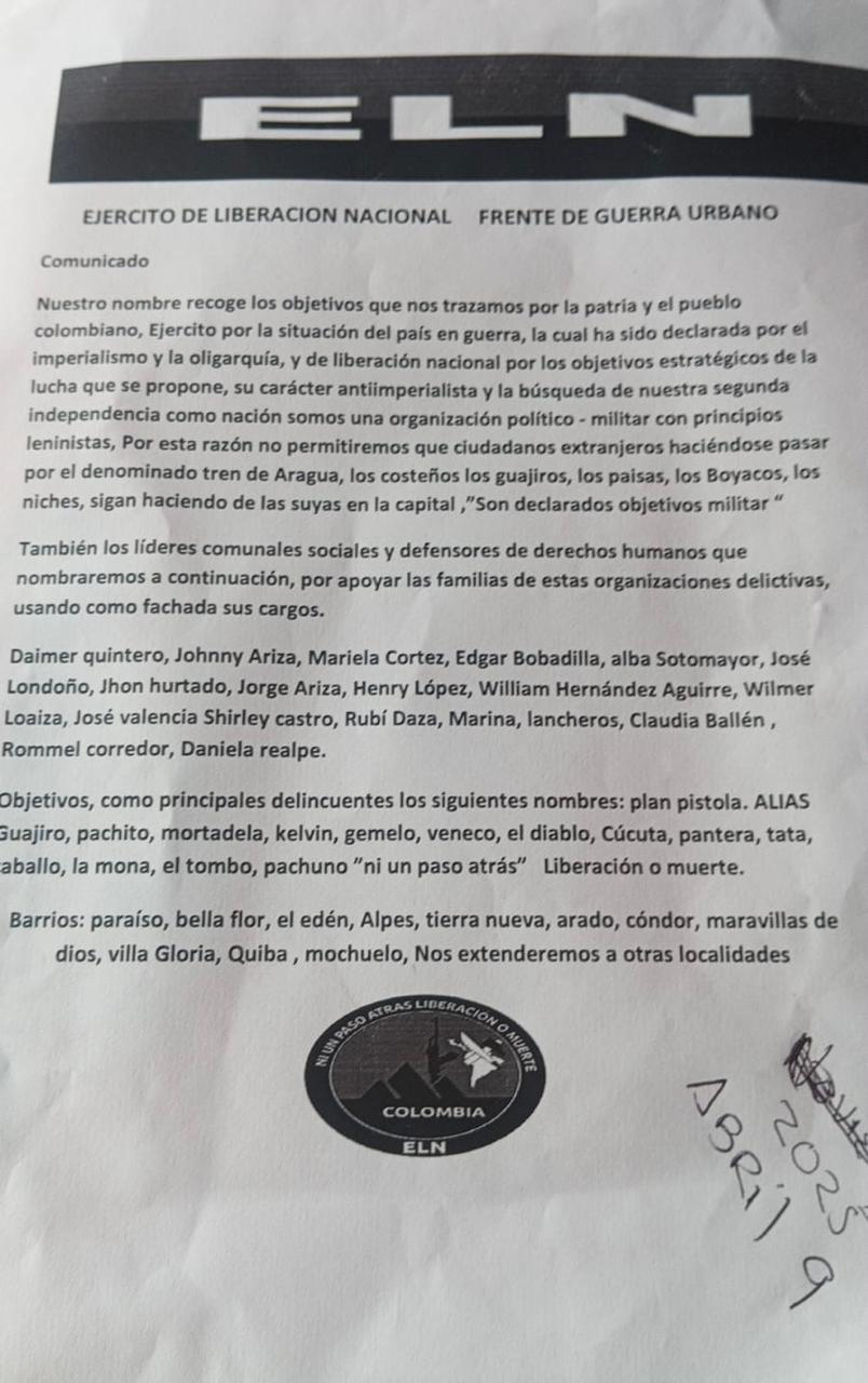 Imagen del panfleto del ELN