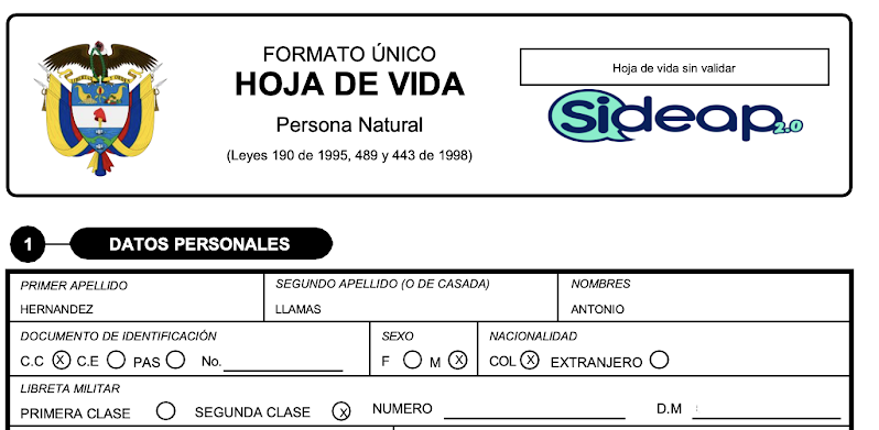 Imagen de un formato unico de hoja de vida del SIDEAP con el nombre Hernandez Llamas Antonio"