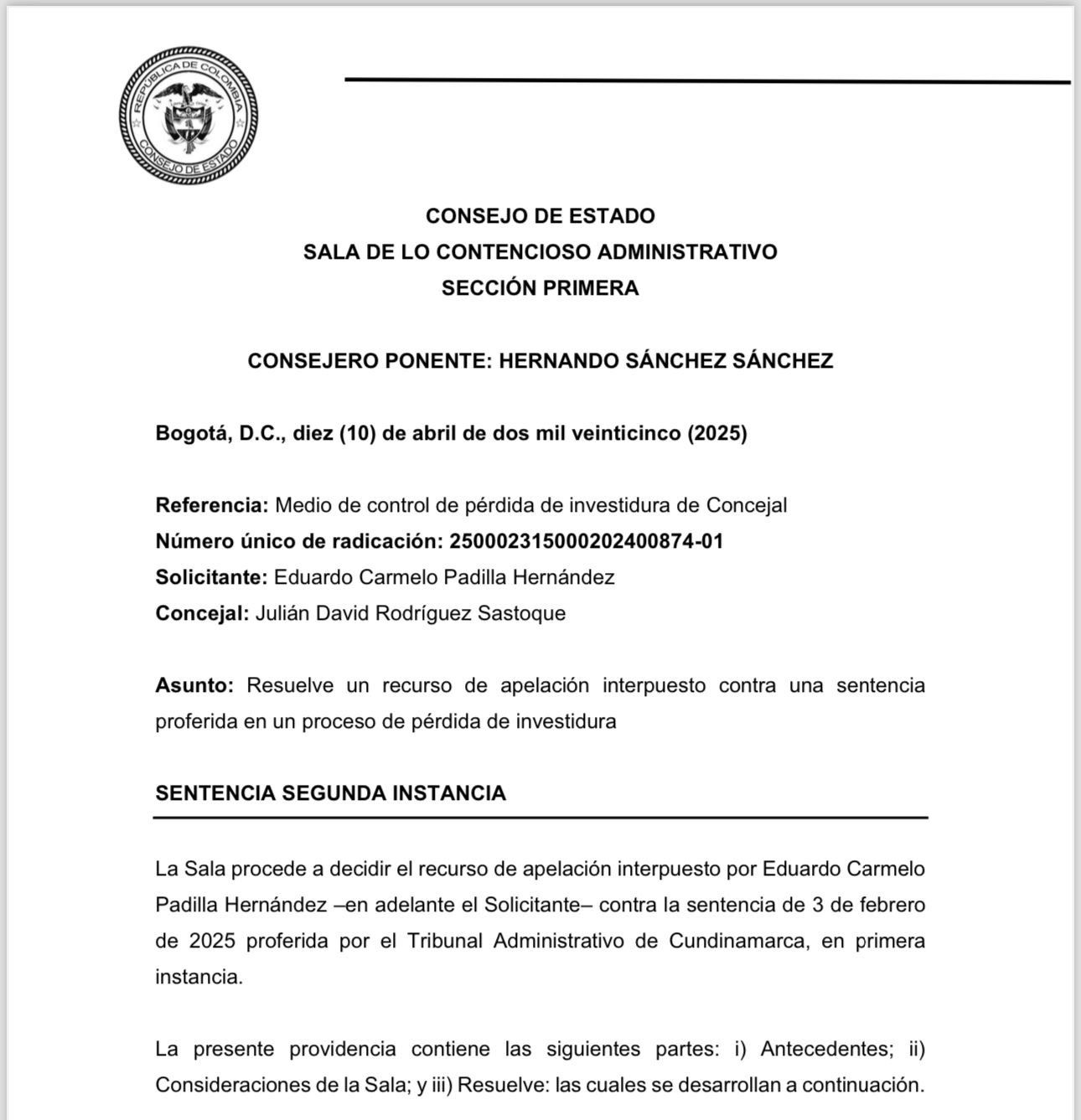 Imagen de la hoja número 1 de la sentencia