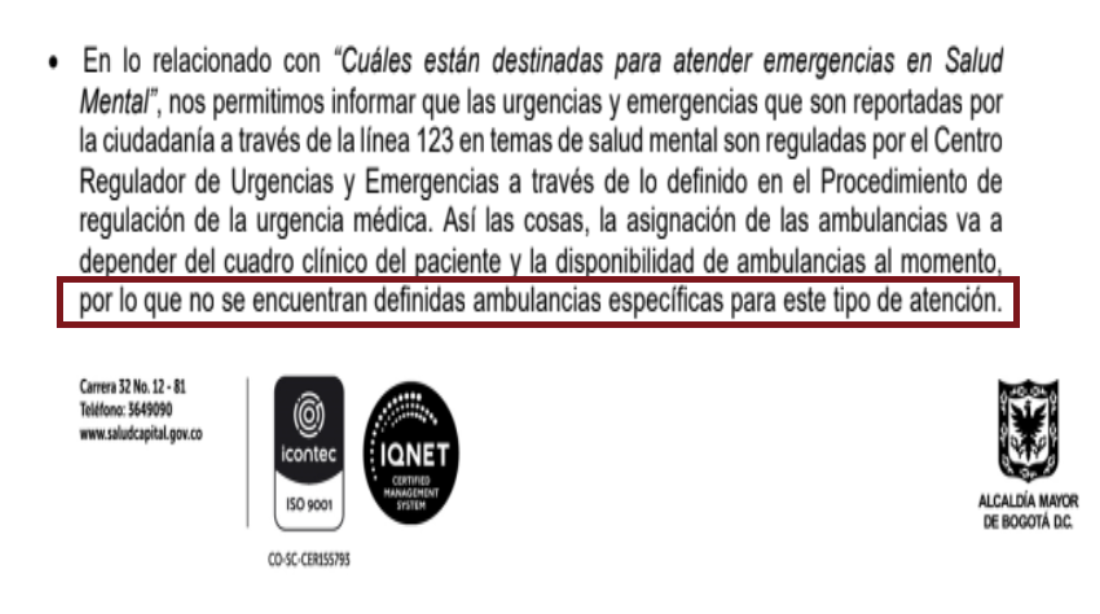 Imagen que tiene encerrado el siguiente texto "por lo que no se encuentran definidas ambulancias especificas para este tipo de atención.