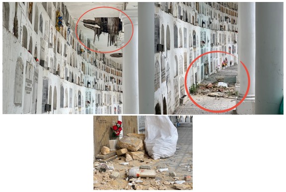 Grupo de fotos del cementrio central donde se aprecia el deterioro de las estructuras