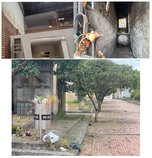 Grupo de fotos del cementrio central donde se aprecia el deterioro de los espacio de la fachada