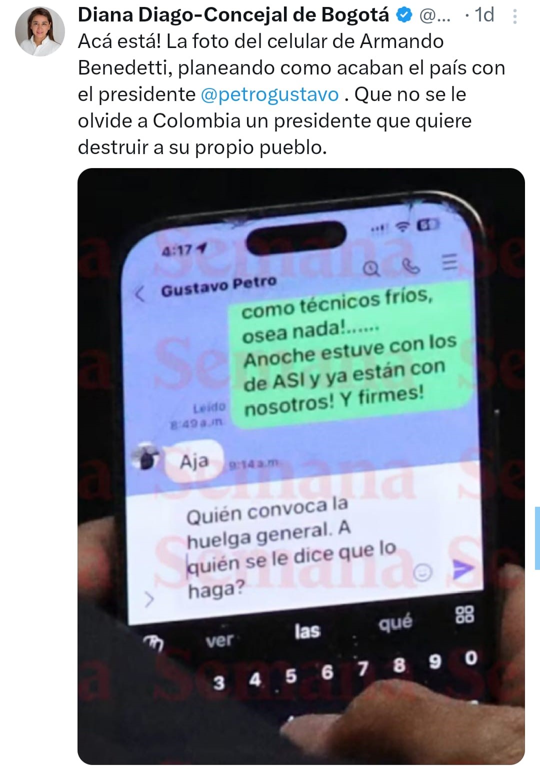 imagen del celular de Armando Bennedeti , publicación desde la cuenta de X de la concejal Diago