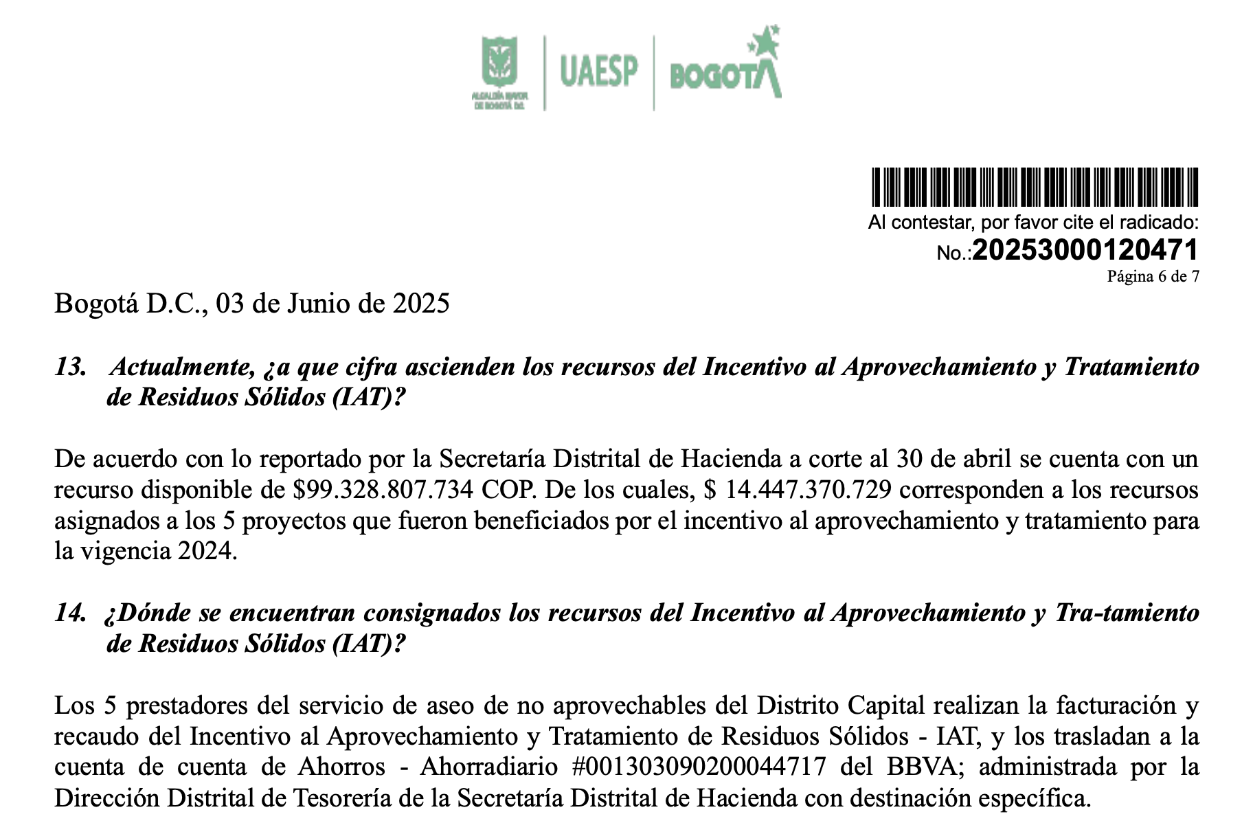 Imagen de Pantallazo de respuesta a derecho de petición