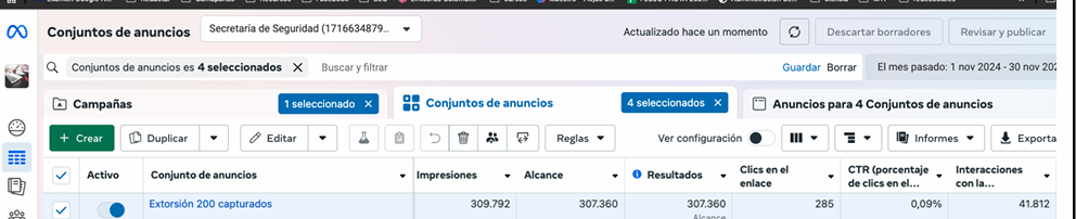 Imagen del gestor publicitario de meta donde se ven datos del alcance de la campaña