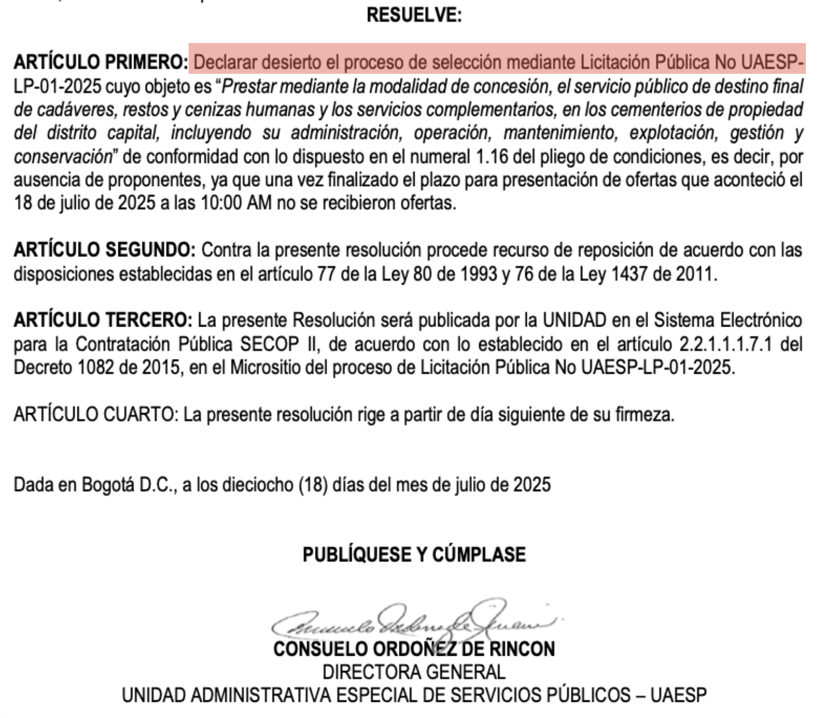 Imagen de la resolución 491 de 2025 donde aparece el "resuelve