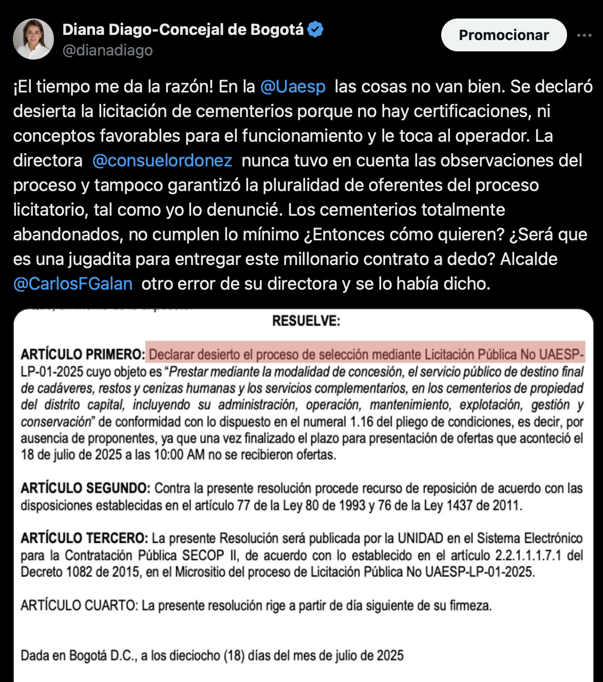 Imagen de una publicación de la concejal Diana Diago en su red social X