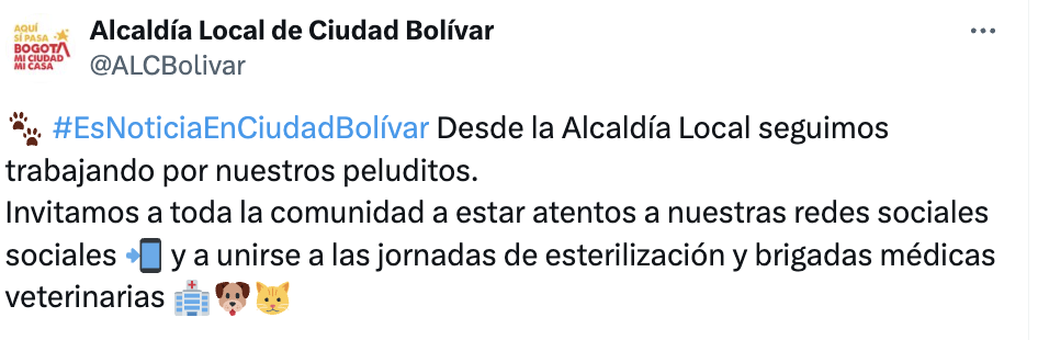 Imagen de una publicación de la red social X de la alcaldia de ciudad Bolivar invitando a participar en las jornadas de esterilización