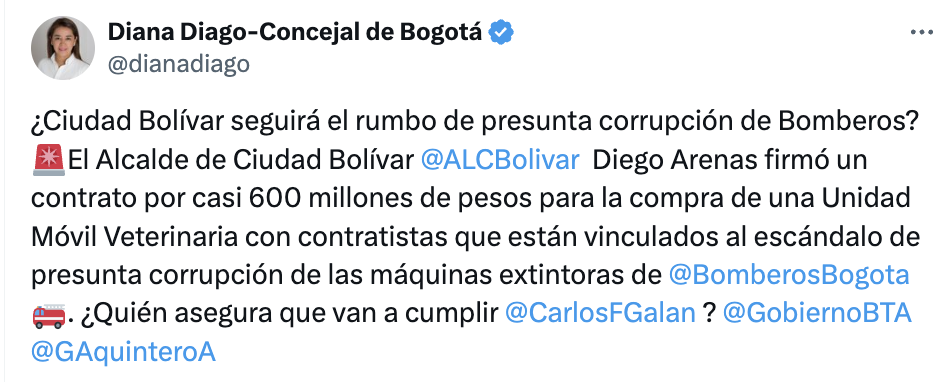 Imagen de publicación en la red social X de la concejal Diago informando del contrato de casi 600 millones