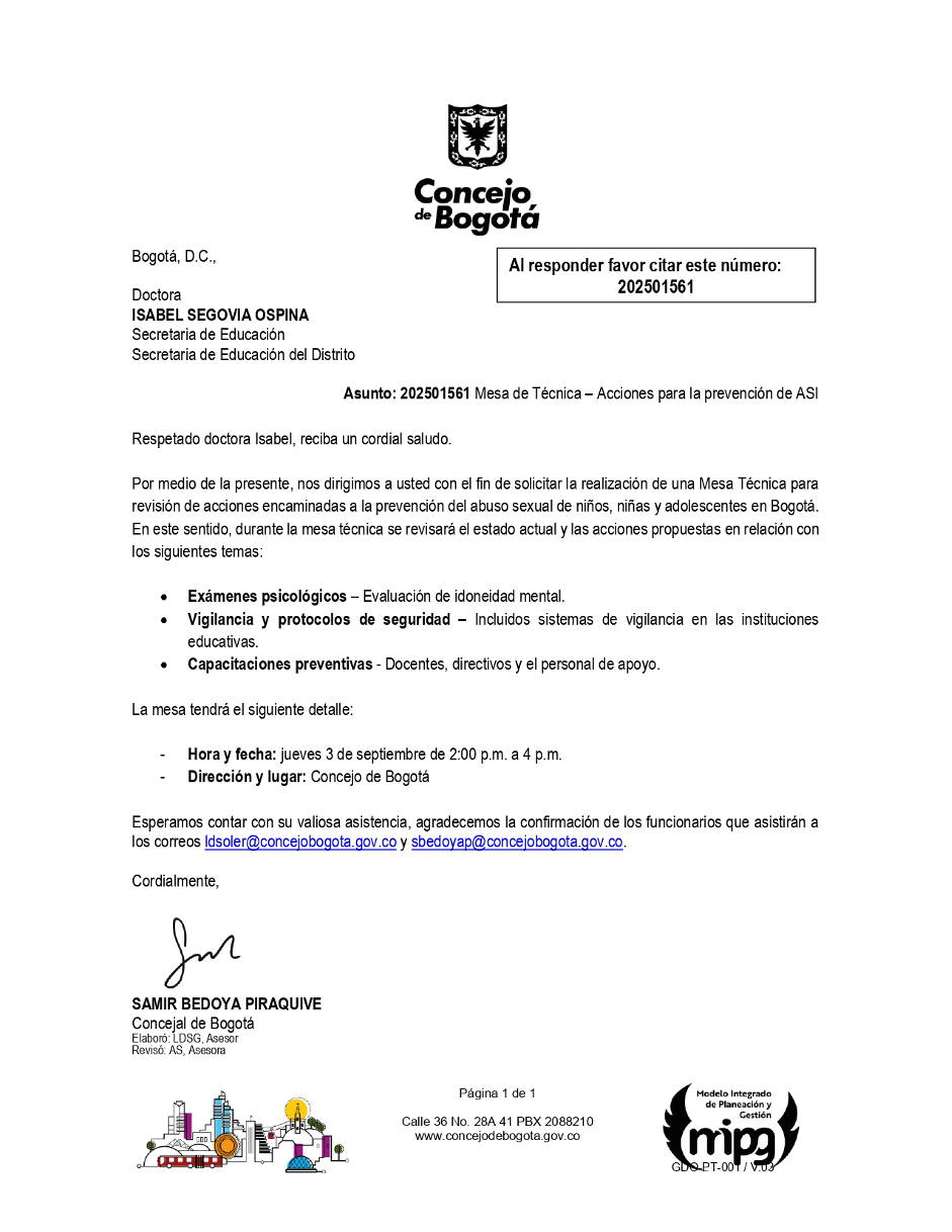 Solicitud Mesa de Técnica Secretaria de – Acciones para la prevención de ASI