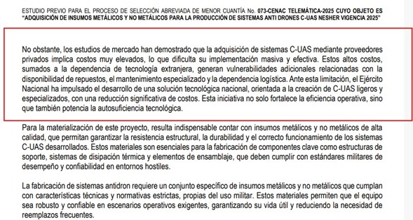Imagen documento de estudios previos sistema anti drones, Ejercito 
