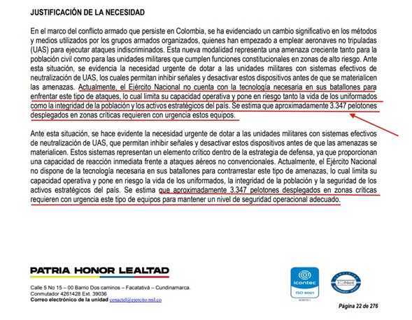 Imagen documento justificación estudios previos sistema anti drones, Ejercito 