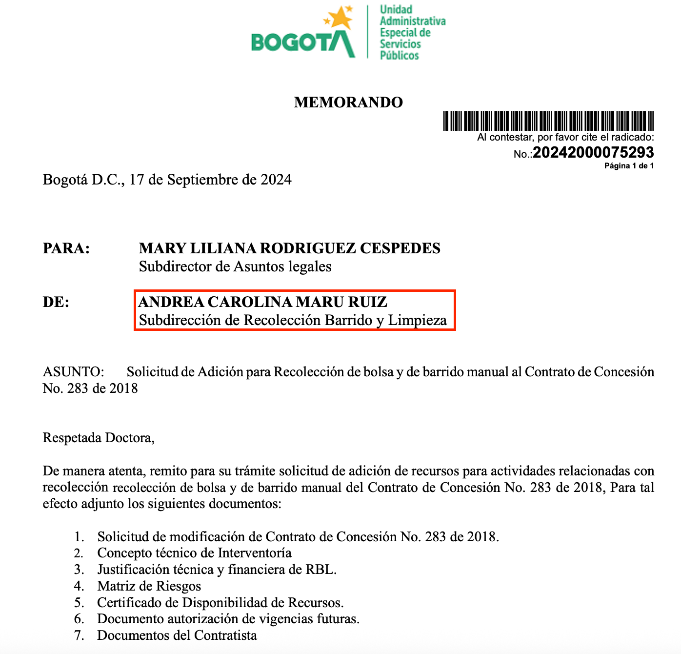 Imagen de memorando dirigido a "Andrea Carolina Maru Ruiz