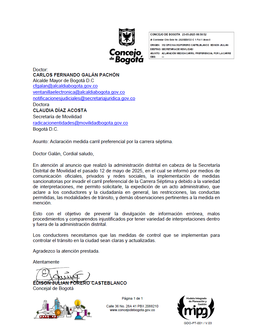 imagen de memorando dirigido al alcalde Carlos Fernando Galán