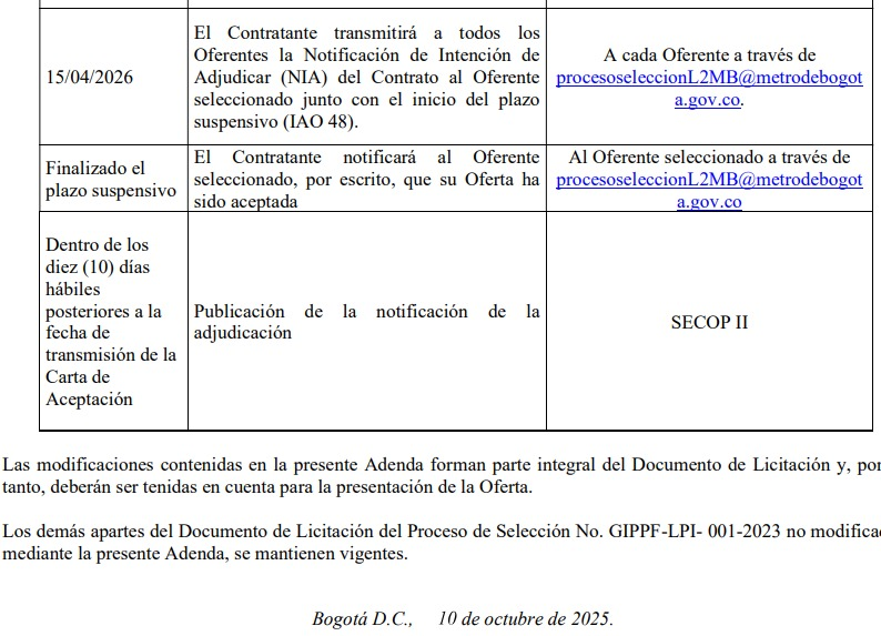 Imagen donde aparece información sobre la adenda